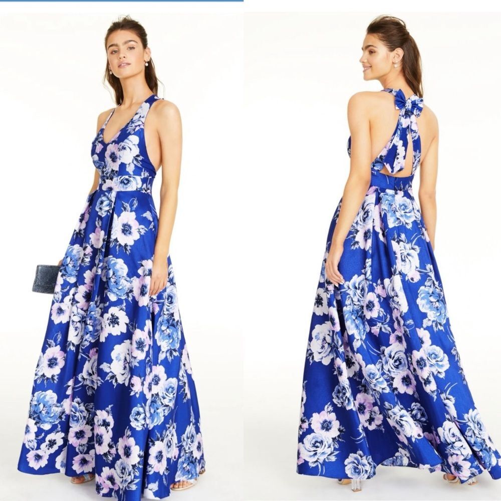 NWT City Studio Blue Floral Pocketed Formal Full Length Fit Flare Gown 9